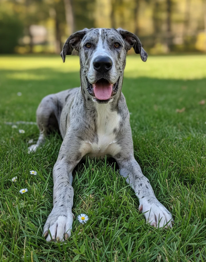Sig Shue, the merle Great Dane puppy, smiling and laying in the grass