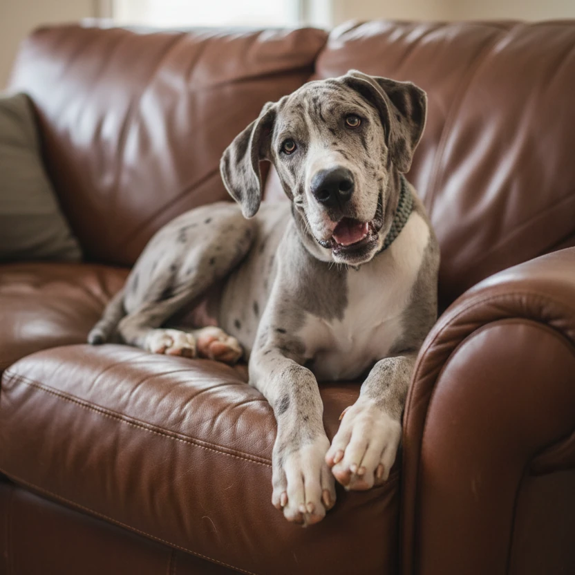 Sig Shue, merle Great Dane puppy, author of Puppy Bedtime Stories, laying on a brown leather couch