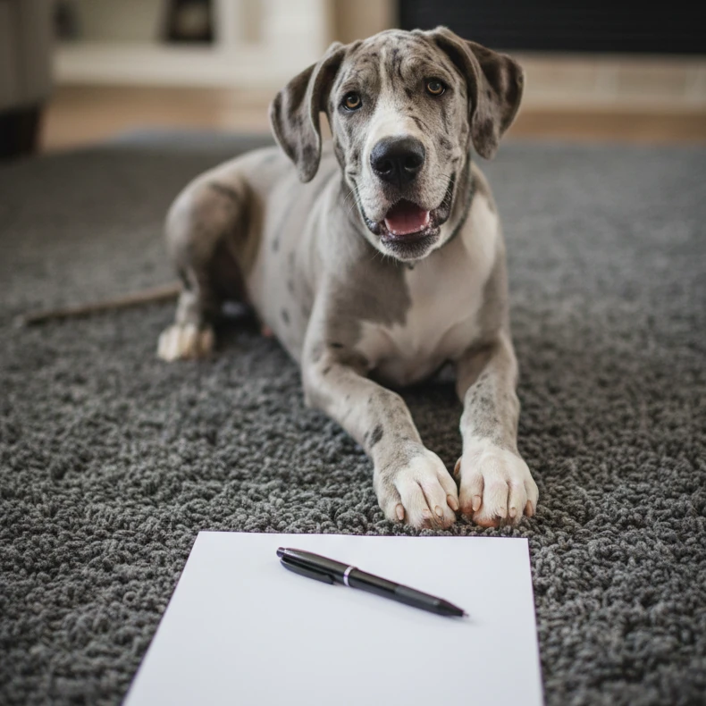 Sig Shue, merle Great Dane puppy, author of Puppy Bedtime Stories, laying on a rug with a piece of paper and pen in front of him