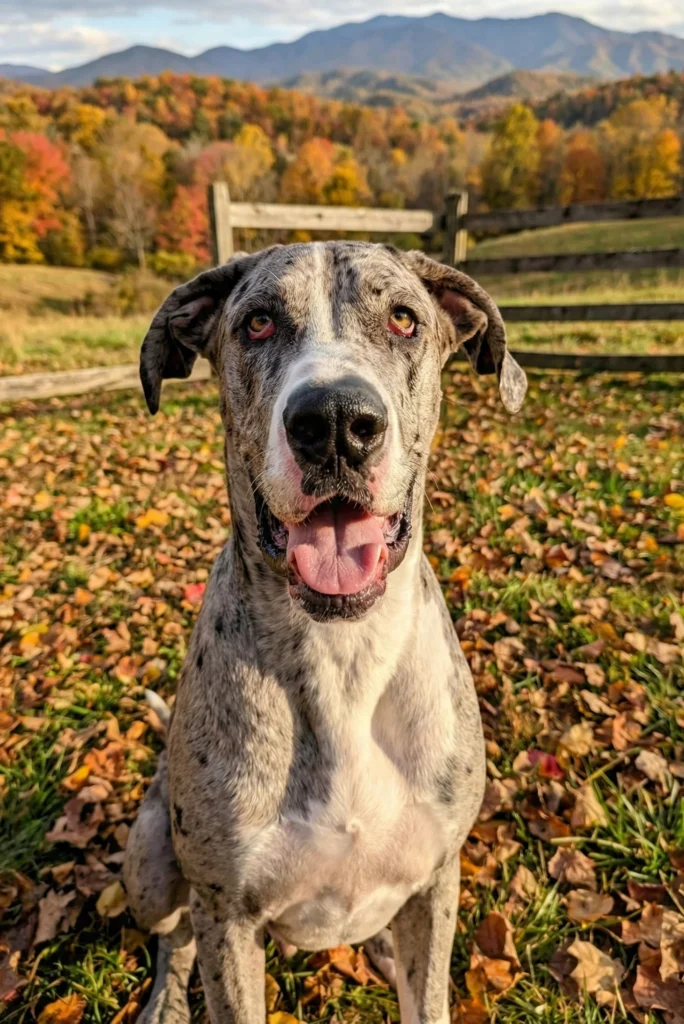 Sig Shue, merle Great Dane puppy and narrator of Puppy Bedtime Stories, sitting outside in East Tennessee in autumn
