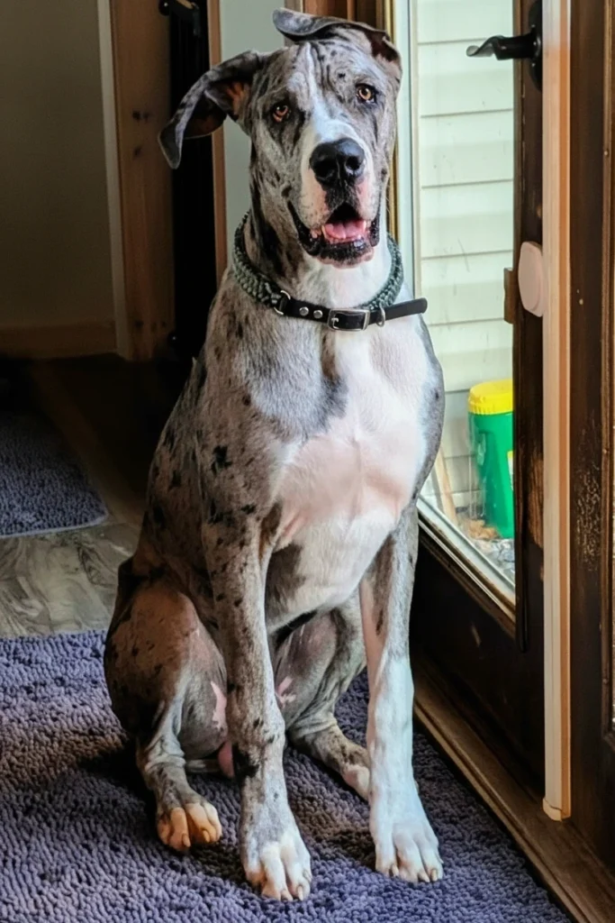 Sig Shue, merle Great Dane puppy, author of Puppy Bedtime Stories, is sitting in front of the back door smiling