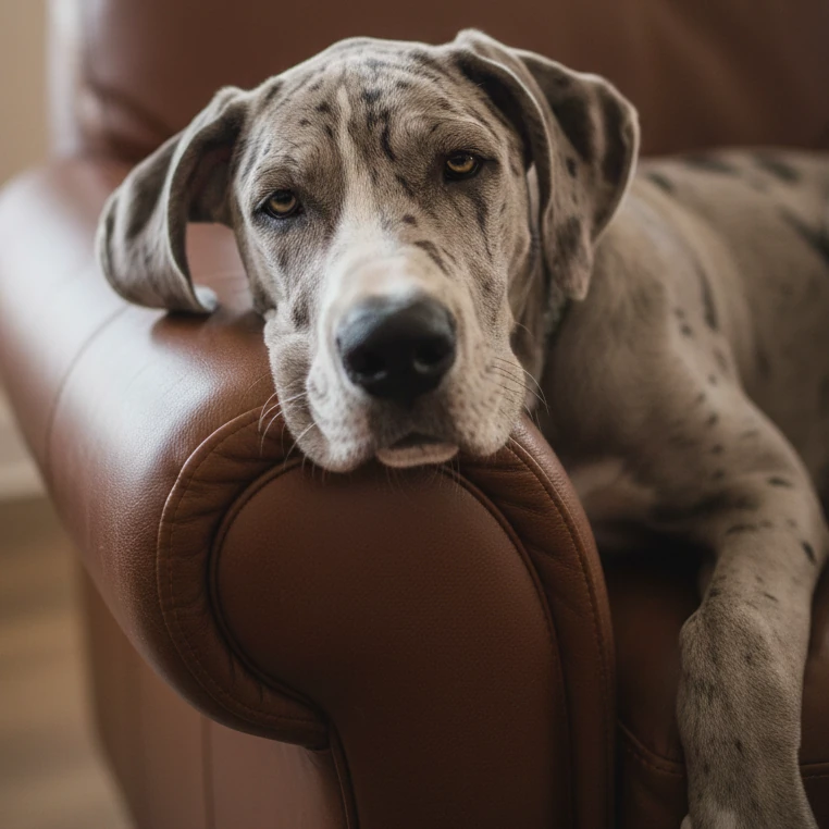Sig Shue, merle Great Dane puppy, author of Puppy Bedtime Stories, smiling indoors, storybook author portrait