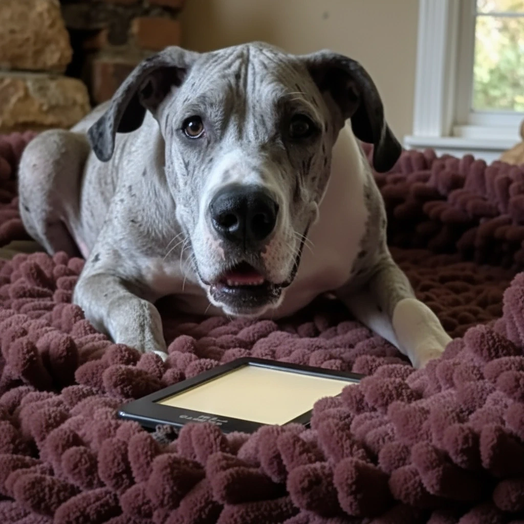 Sig Shue, merle Great Dane puppy, author of Puppy Bedtime Stories,  puppy laying on a burgundy dog bed with a Kindle in front of him