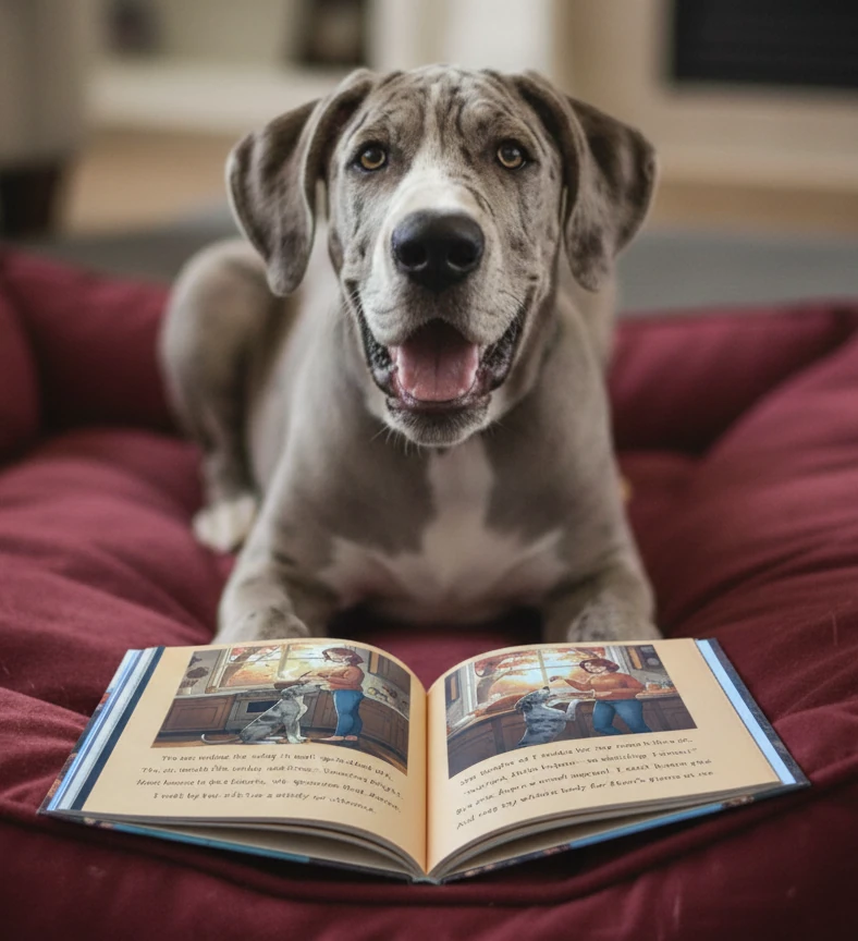 Sig Shue, merle Great Dane puppy, author of Puppy Bedtime Stories,  laying on a burgundy dog bed with his book open in front of him