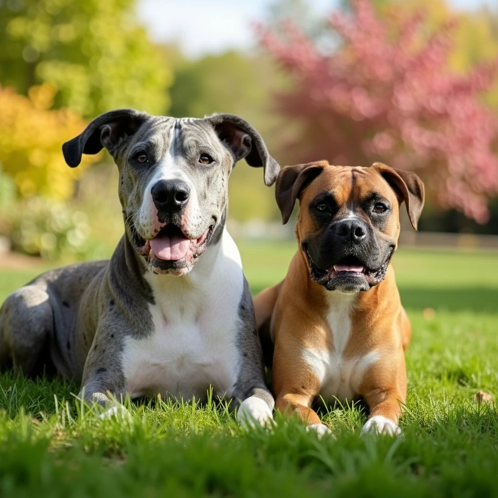Sig Shue the merle Great Dane is laying in the grass next to a Boxer