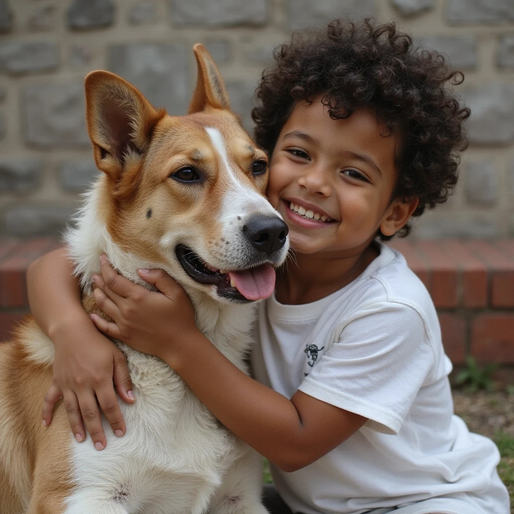 happy boy hugging a large dog