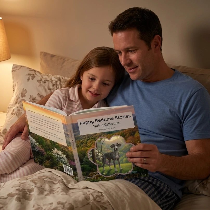 dad and daughter reading Puppy Bedtime Stories