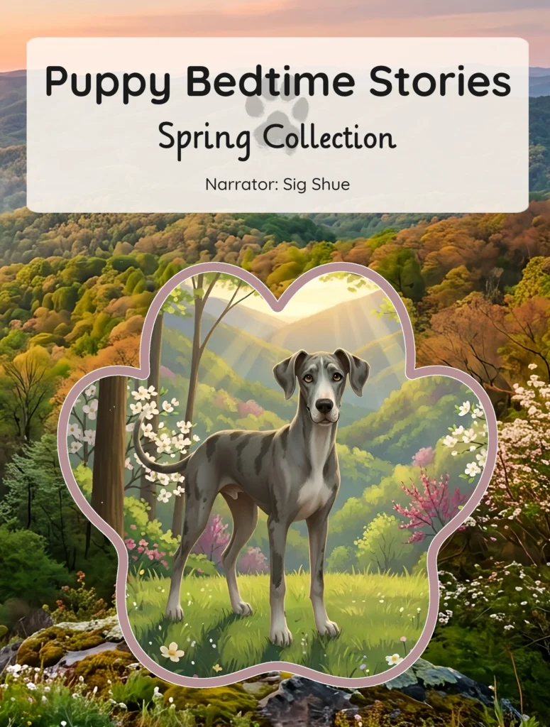 merle Great Dane puppy Sig on the cover of the Puppy Bedtime Stories Spring Collection