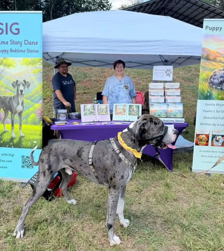 Sig, the Bedtime Story Dane, at a book event