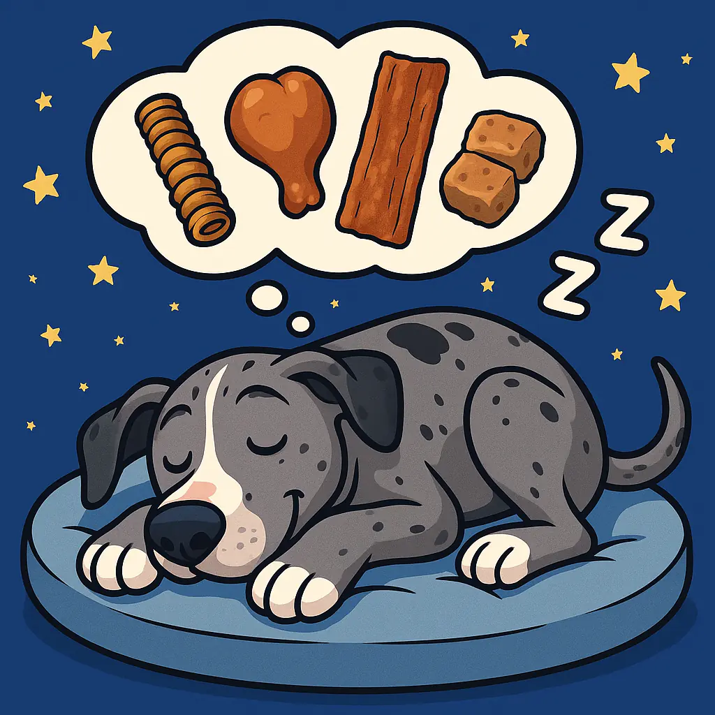 illustrated Sig the Great Dane puppy dreaming of Green Butterfly Brands treats