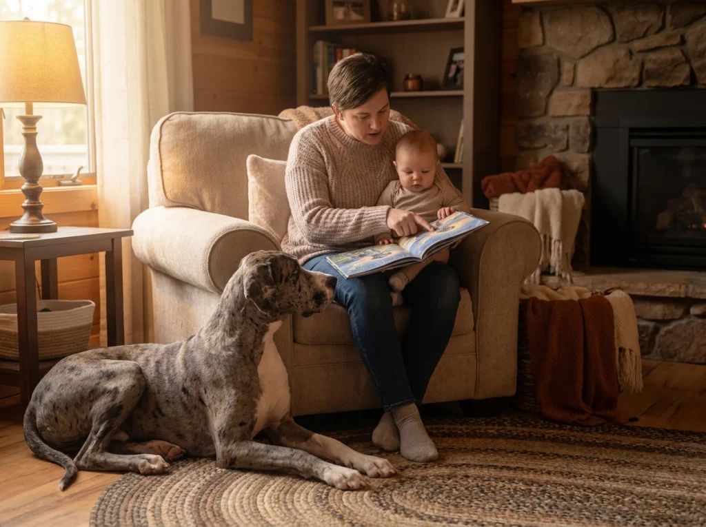 A parent reads a picture book to a baby in a cozy armchair while a merle Great Dane rests beside them